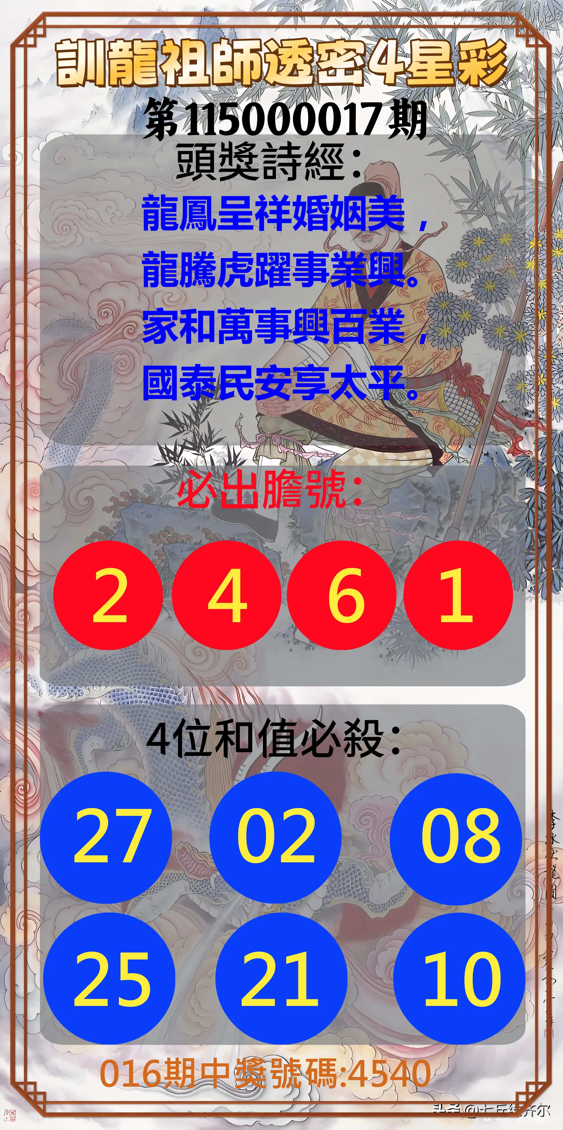 4星彩第115000017期(01/20)訓龍祖師透密4星彩