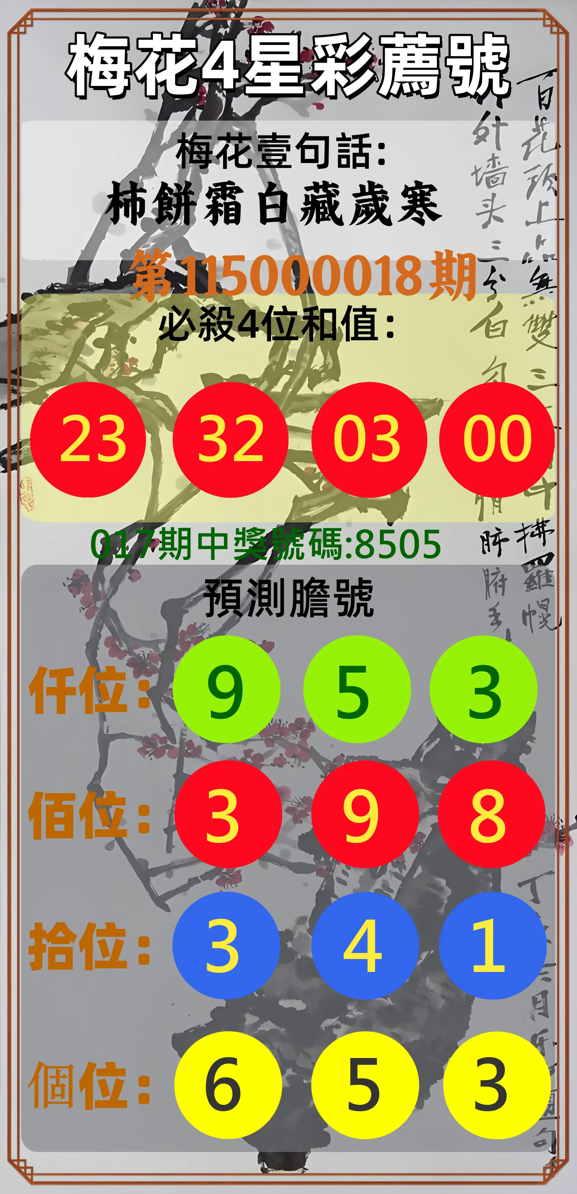 4星彩第115000018期(01/21)梅花4星彩薦號