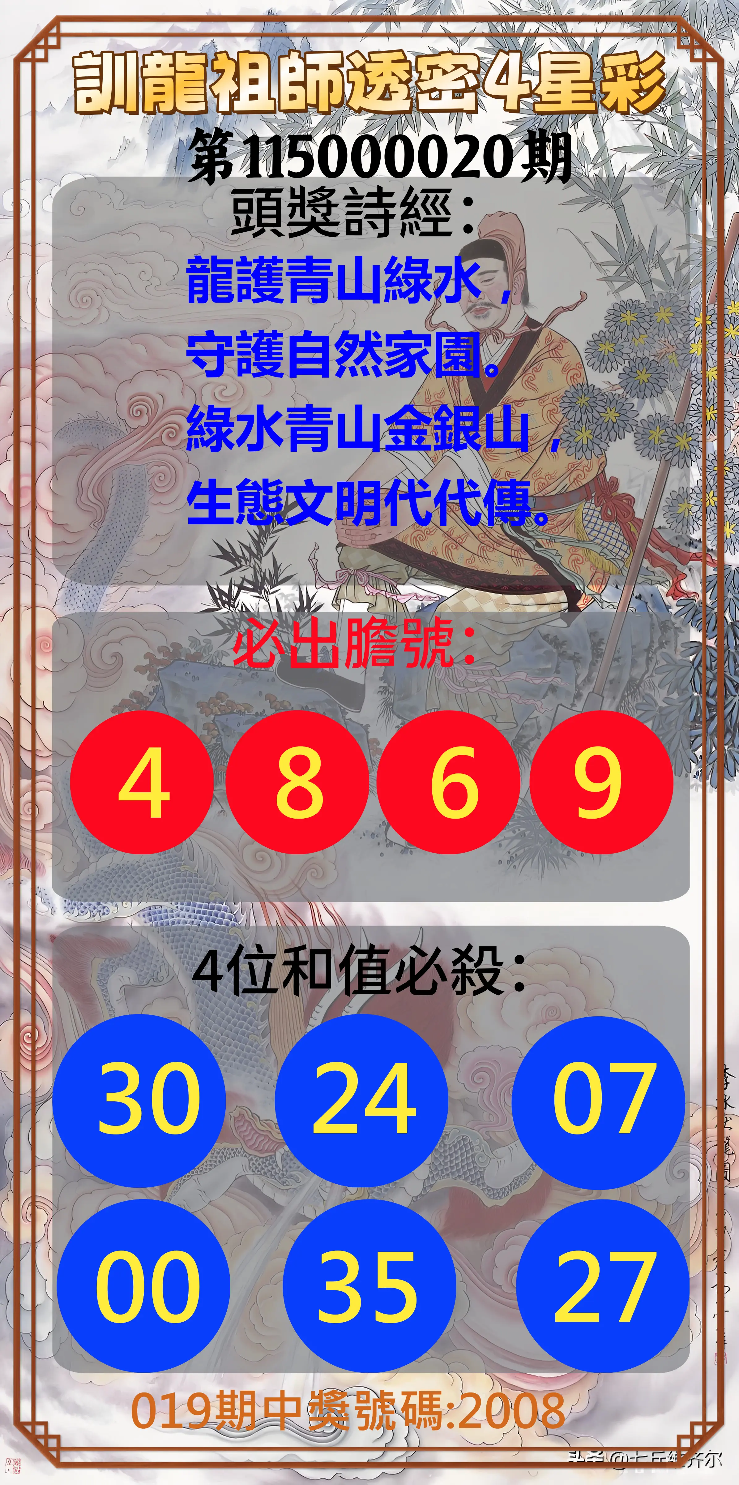 4星彩第115000020期(01/23)訓龍祖師透密4星彩