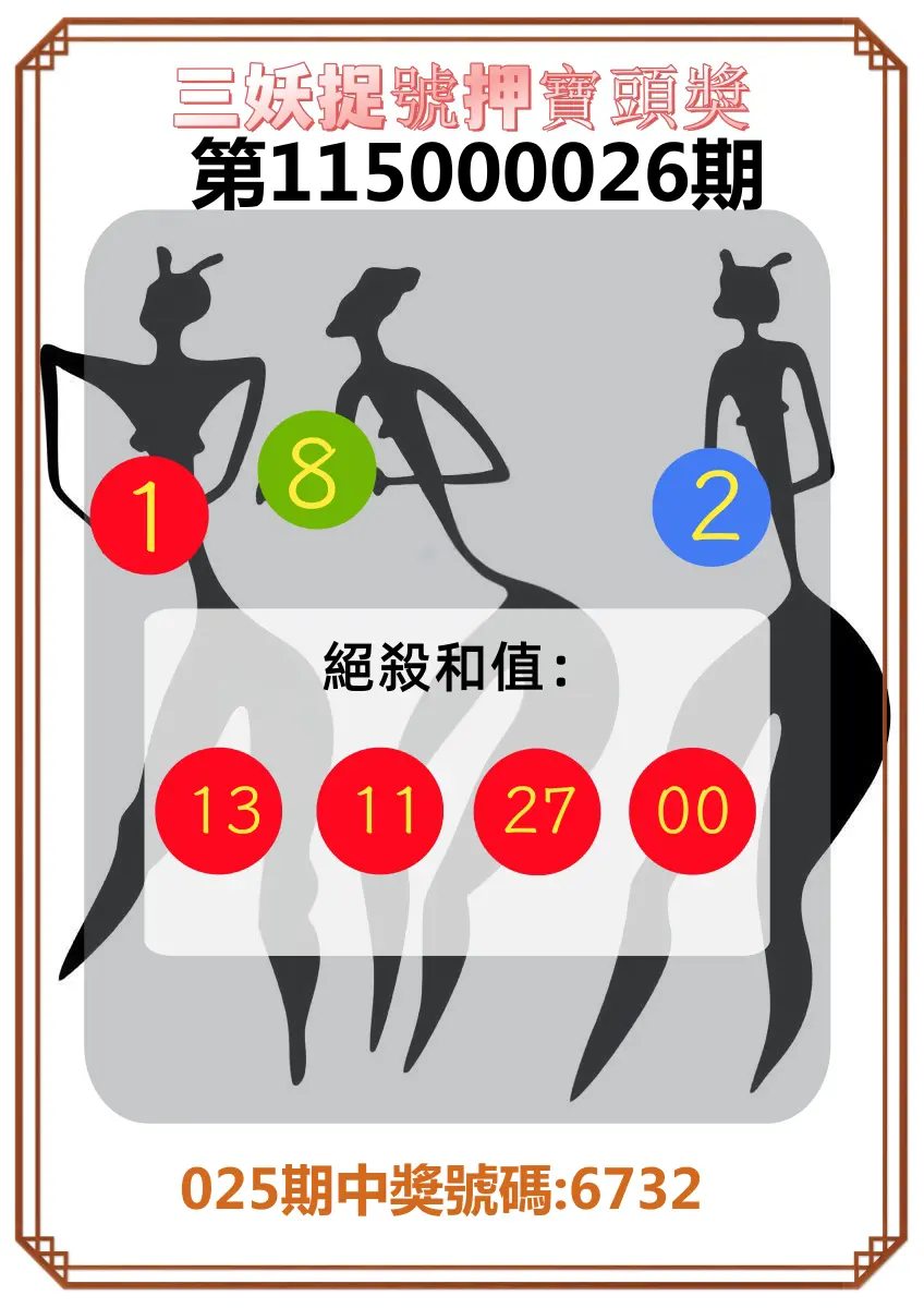 4星彩第115000026期(01/30)三妖捉號押寶頭獎