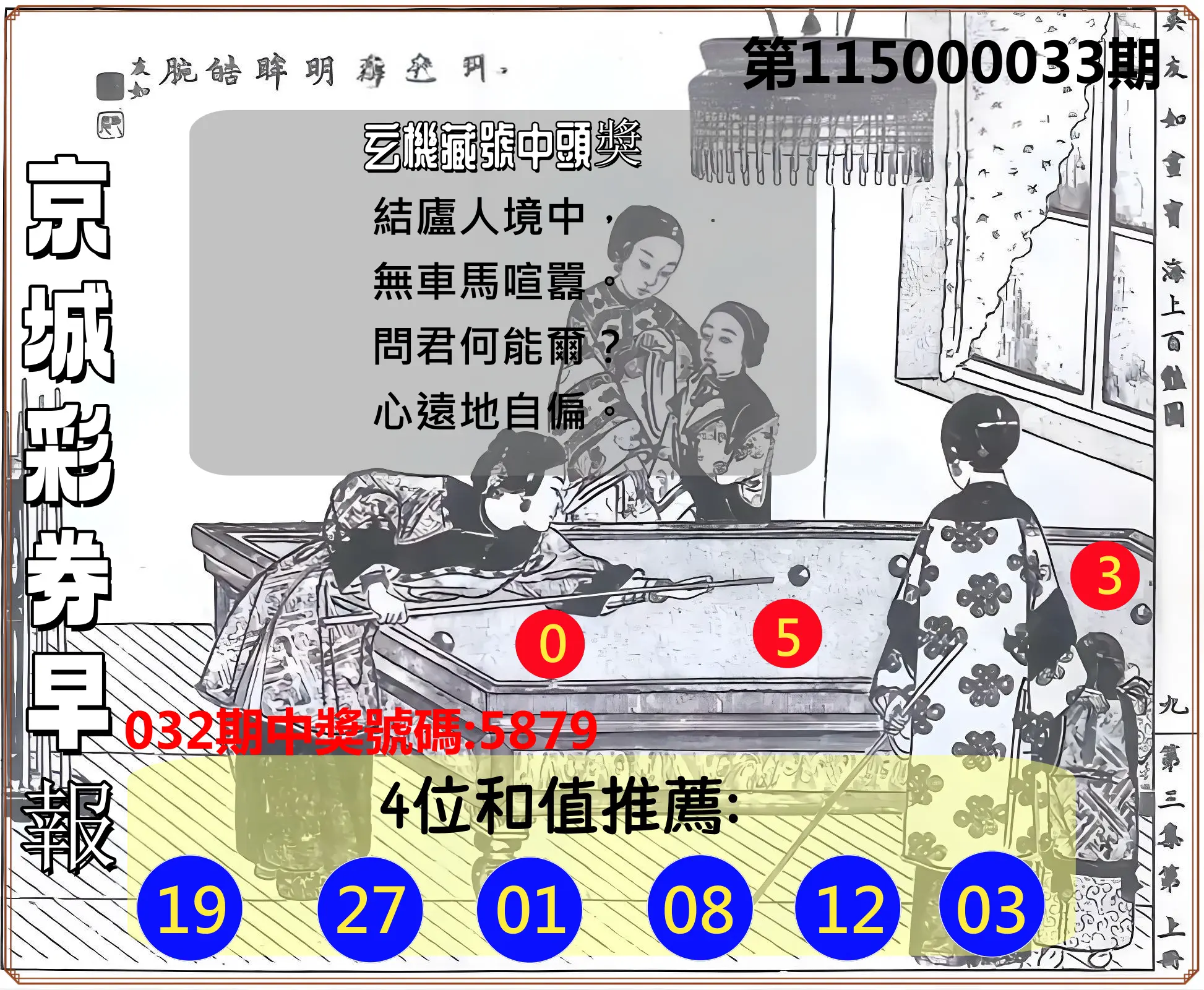 4星彩第115000033期(02/07)京城彩券早報