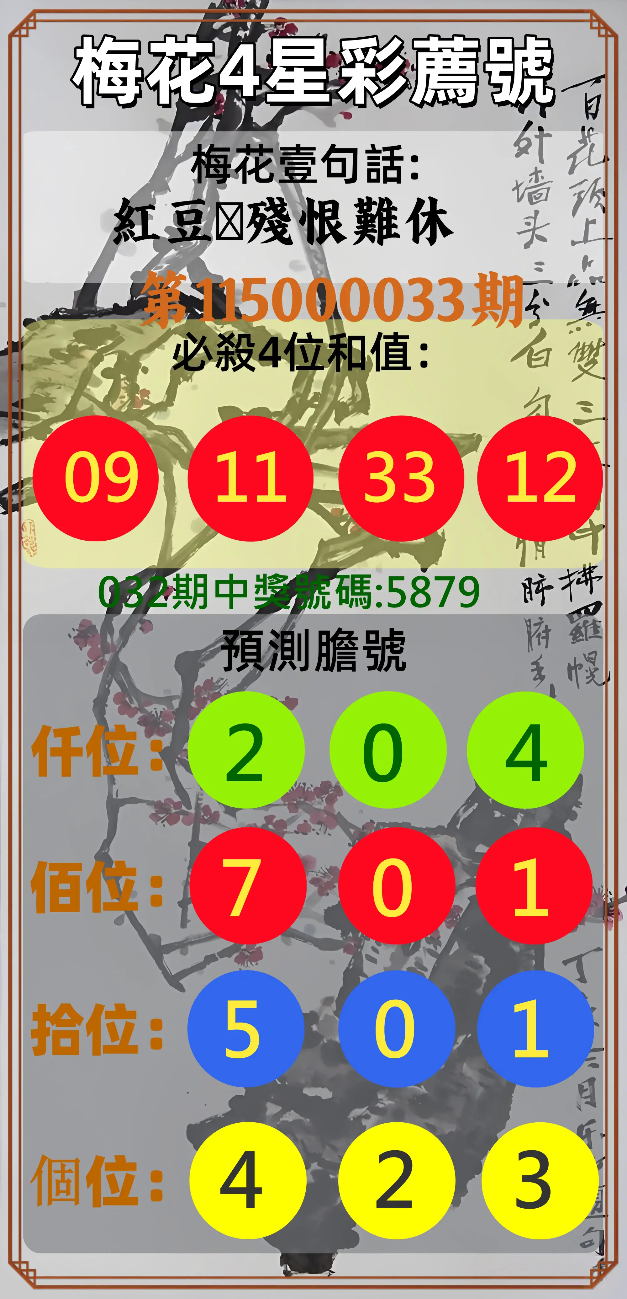 4星彩第115000033期(02/07)梅花4星彩薦號