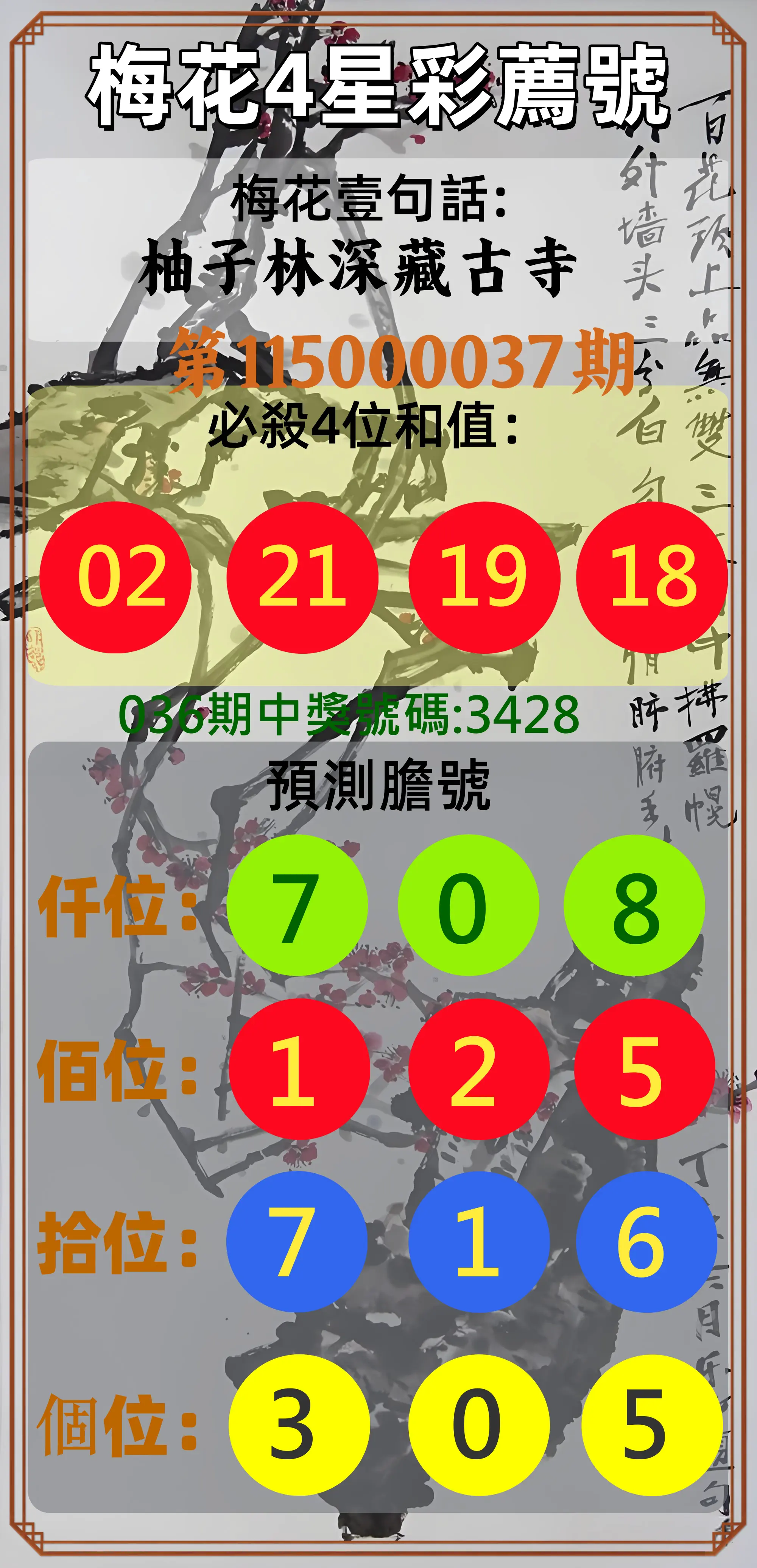 4星彩第115000037期(02/12)梅花4星彩薦號