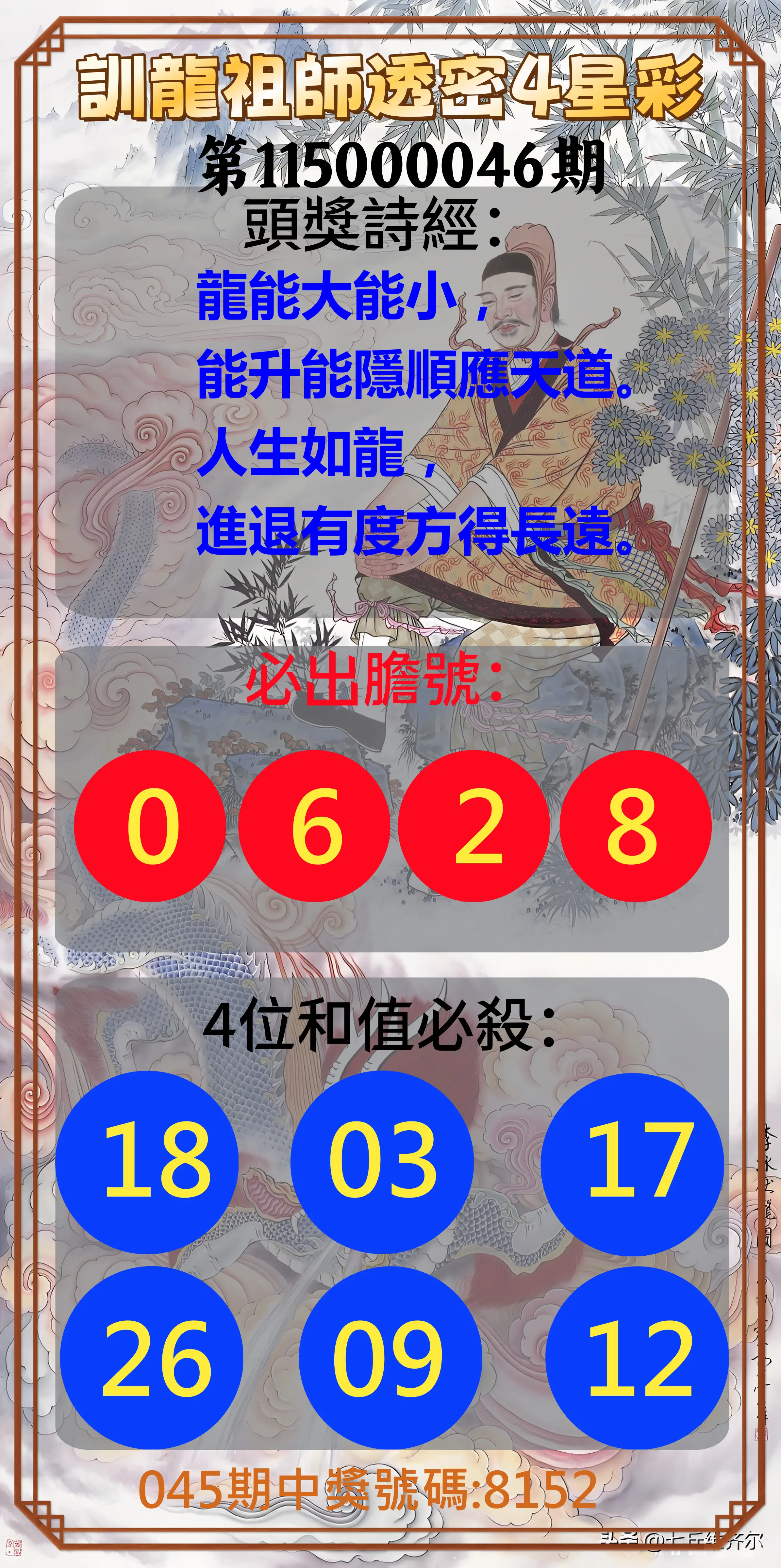 4星彩第115000046期(02/21)訓龍祖師透密4星彩