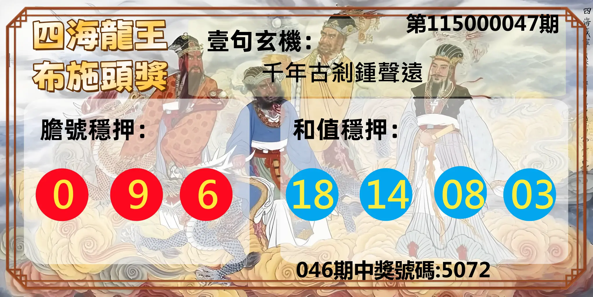 4星彩第115000047期(02/22)四海龍王布施頭獎