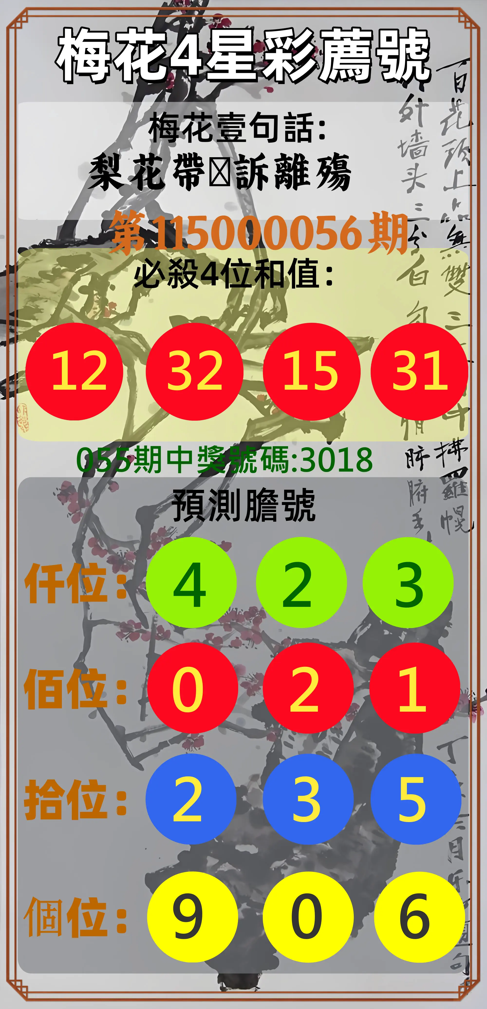 4星彩第115000056期(03/03)梅花4星彩薦號