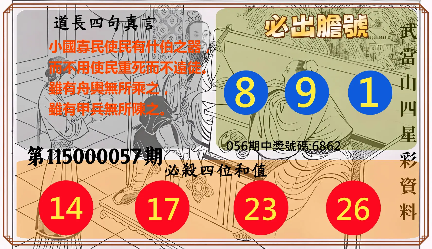 4星彩第115000057期(03/04)武當山四星彩資料